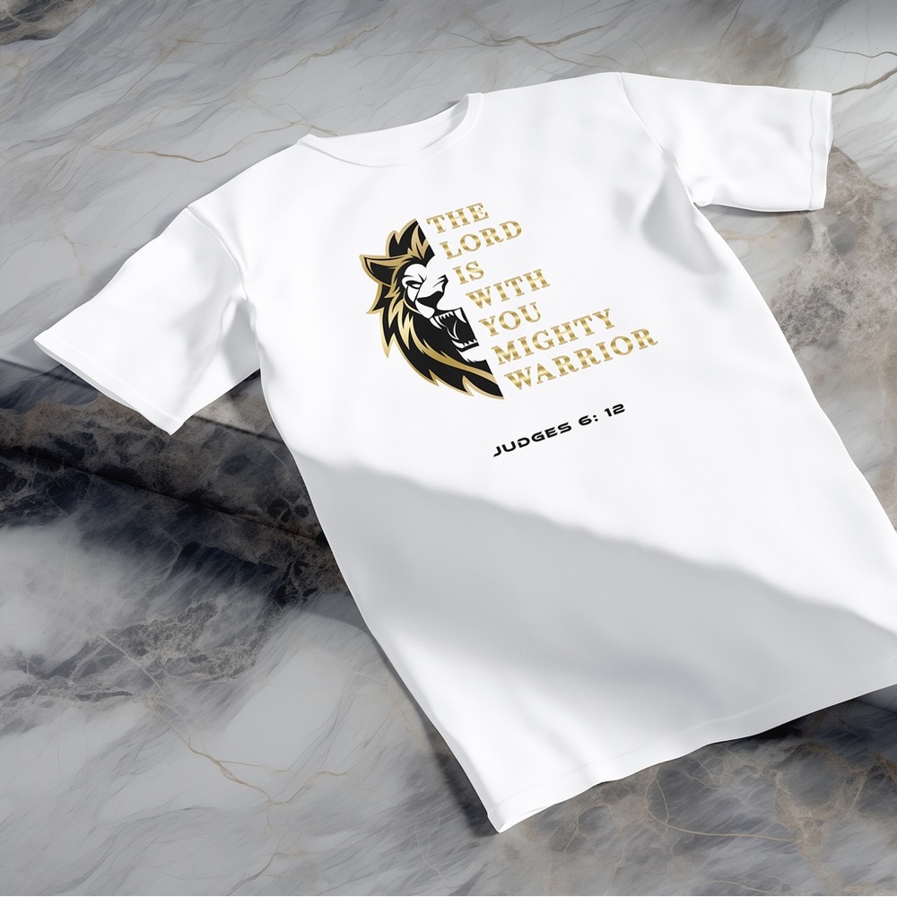 Men’s Shirt Gold Lion Mighty Warrior Christian Bible Verse T-Shirt